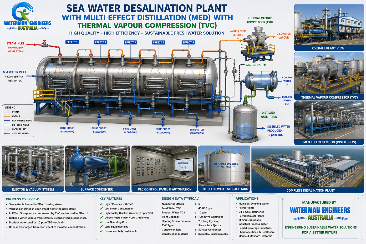 Waterman Engineers Australia MED-TVC desalination plant components, applications and design data