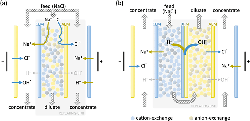 Conventional continuous electrode ionization (CEDI) process, with mixed-bed ion-exchange resin, and (b) BPM-assisted CEDI, with cation and anion ion-exchange resins separated by a BPM